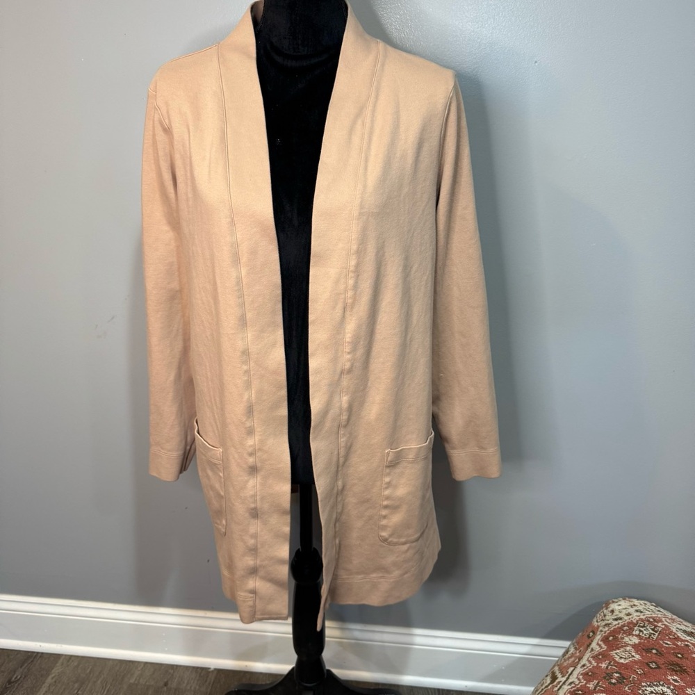Isaac Mizrahi Live Essentials Long Open Cardigan Pockets Long Sleeve Tan Stretch